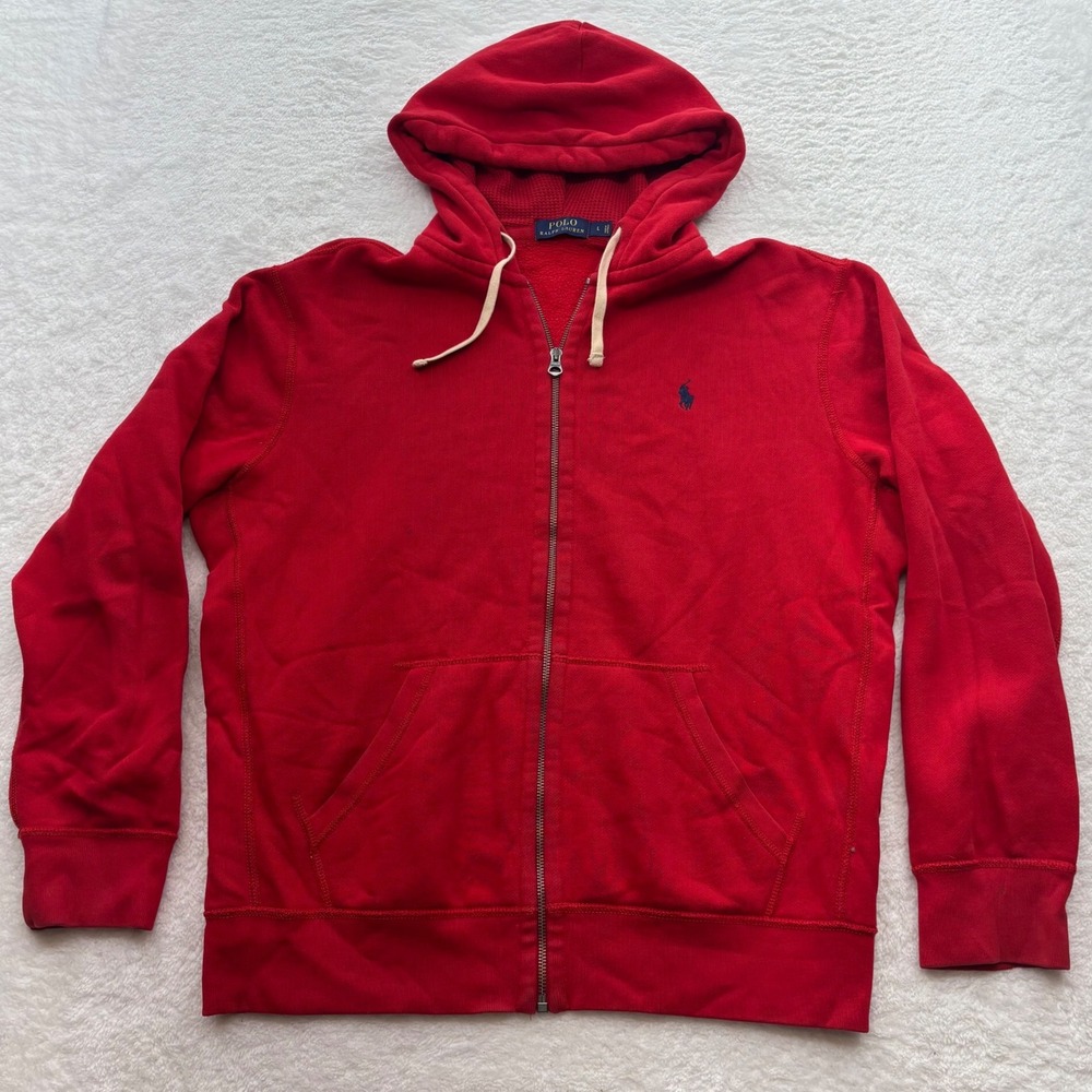 Polo Ralph Lauren Mens Red Full Zip Fleece Hoodie Navy Pony Logo Size L